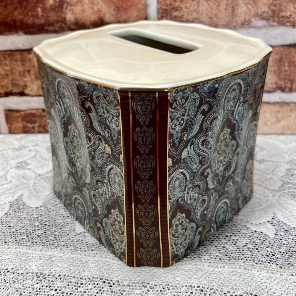 VTG Royalton Croscill Ceramic Tissue Box Cover Teal Brown Baroque Demask